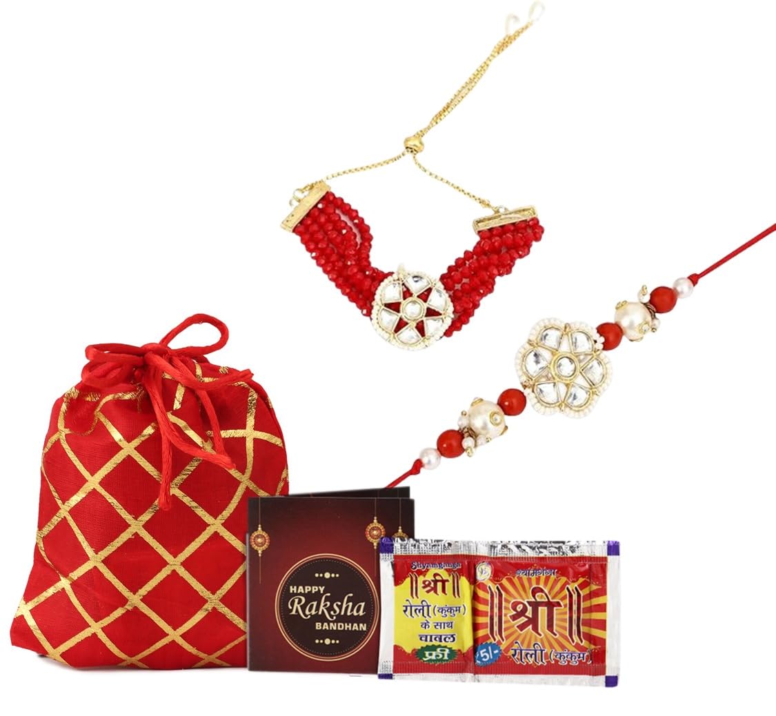 SMIZZY ; (RE)TOUCHING LIVES Combo Set Of 2 Designer Kundan Pearls Lumba Bracelet With Printed Potli Bag, Roli Chawal And Greeting Card For Brother (Rakhi 1)
