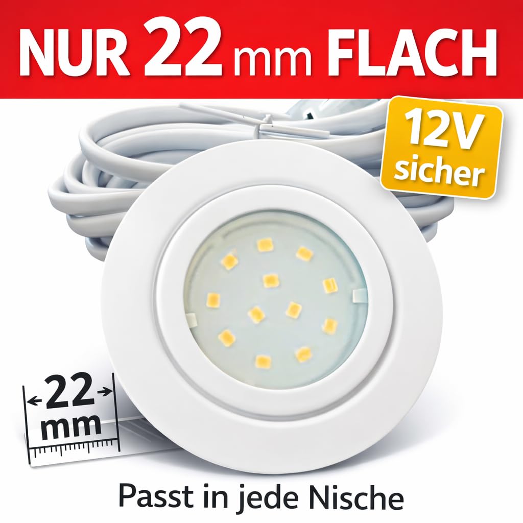 5er Set IP44 LED Möbel-Einbauleuchten 12V flach 2,4W, 200lm, Weiß, inkl. Trafo, 230V Kabel, Netzstecker & AMP Verteiler, Bohrloch 54-60mm, Warmweiß 3000K – Ideal für Bad, Küche, Wohnzimmer, Schränke