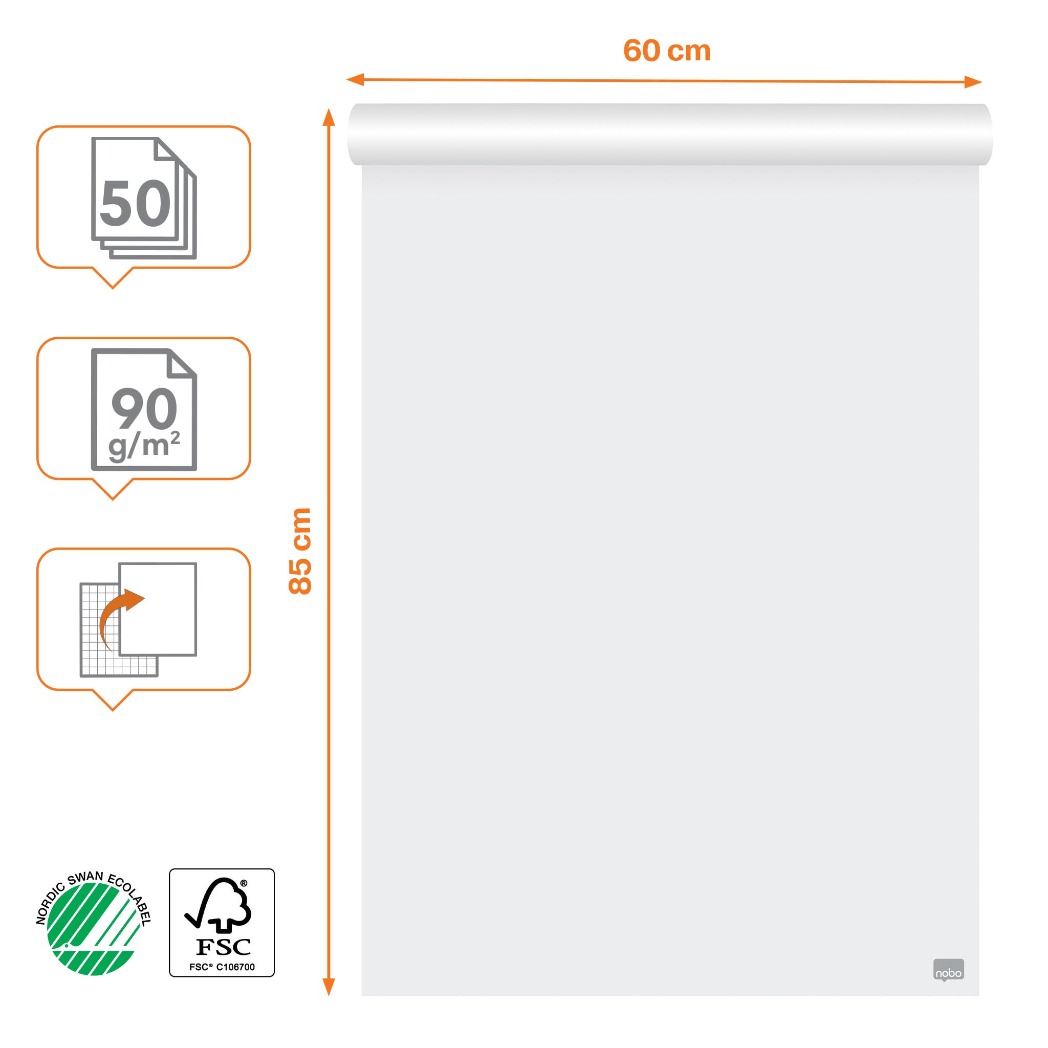 NOBO Recharge de Papier pour Paperboard 60 x 85 cm, Double-face Papier Uni/Quadrillé, 50 Feuilles, 90 g/m²