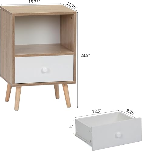 Miniatura 18 de JAXPETY Juego de 2 mesitas de noche modernas de madera, mesita de noche con cajón, muebles de noche, mesa auxiliar con estante abierto y patas de