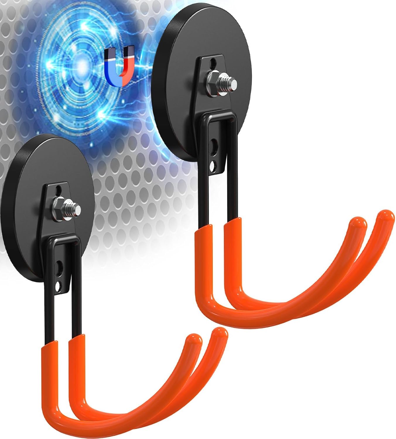 Extra Large Heavy Duty Magnetic Hooks for Hanging Garage Tools, 3.5in Ndfeb Strong Magnet Hook Heavy Duty, Super Big Magnetic Storage Utility Hook, Magnetic Hanger Holder Wall Mounted, 2 Pack 2Pcs-Large J Hooks-Orange