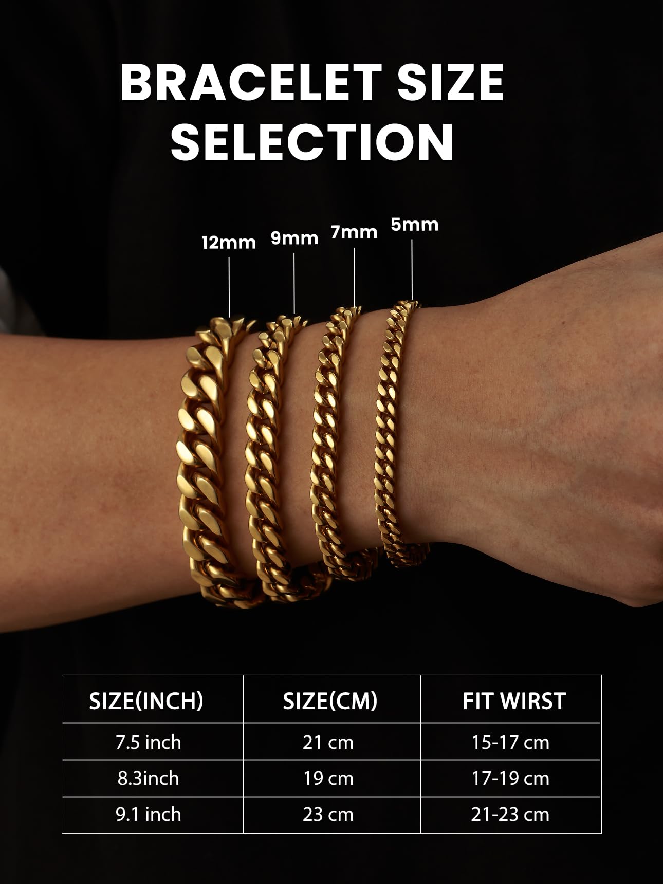 Bestyle Bracciale Uomo in Acciaio Inossidabile a Catena Cubana Miami Stile Punk Hip Hop, Larghezza 5/7/9/12 mm, Lunghezza 19/21/23 cm, Disponibile in Oro/Argento/Nero, Regalo per Uomo