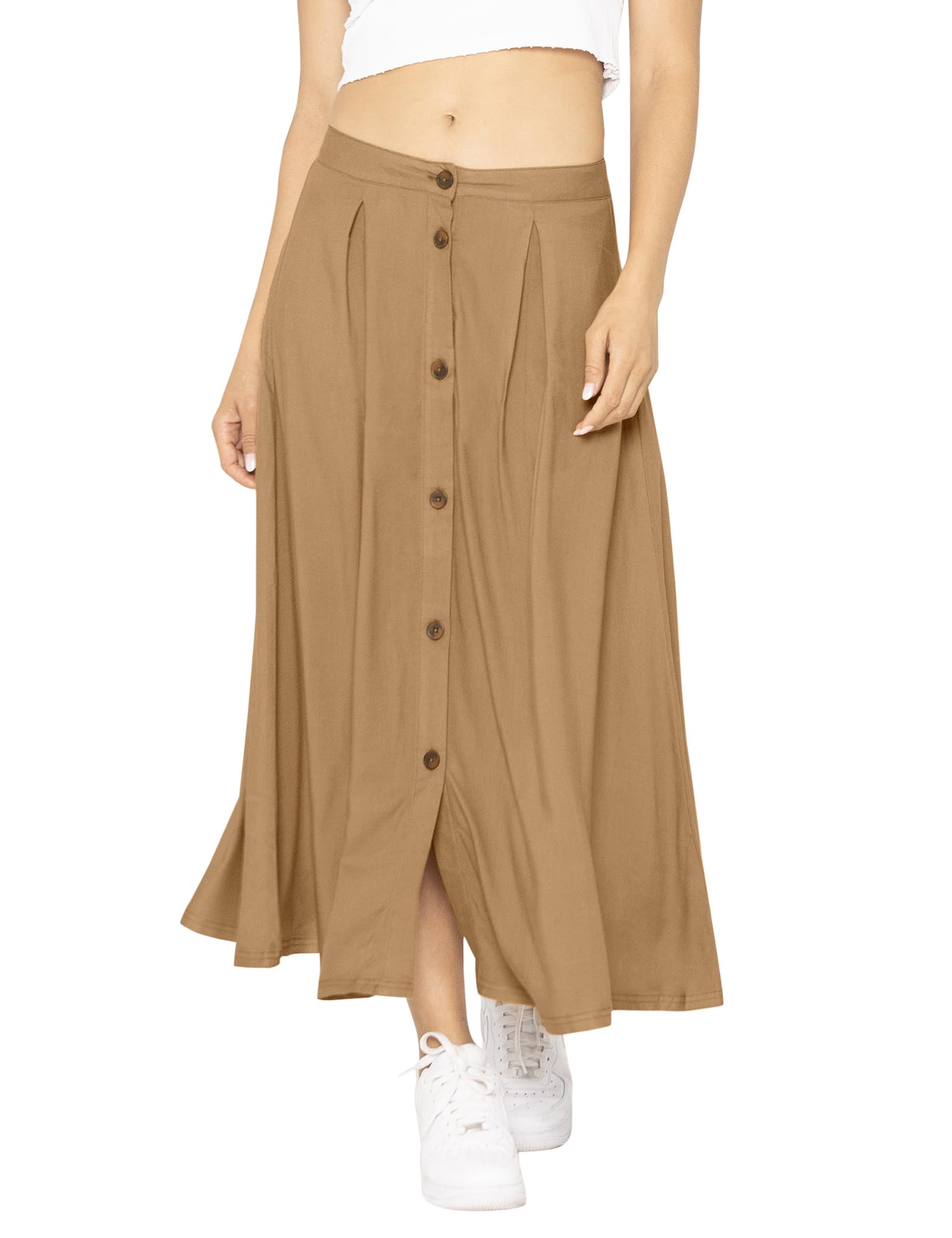 Enorsia Womens A-Line Front Button Through Skirt with Front Drapey and Comfortable Fabric, High Fashion Button Details, Long Length and Soft Cotton Fabric (10, Brown)