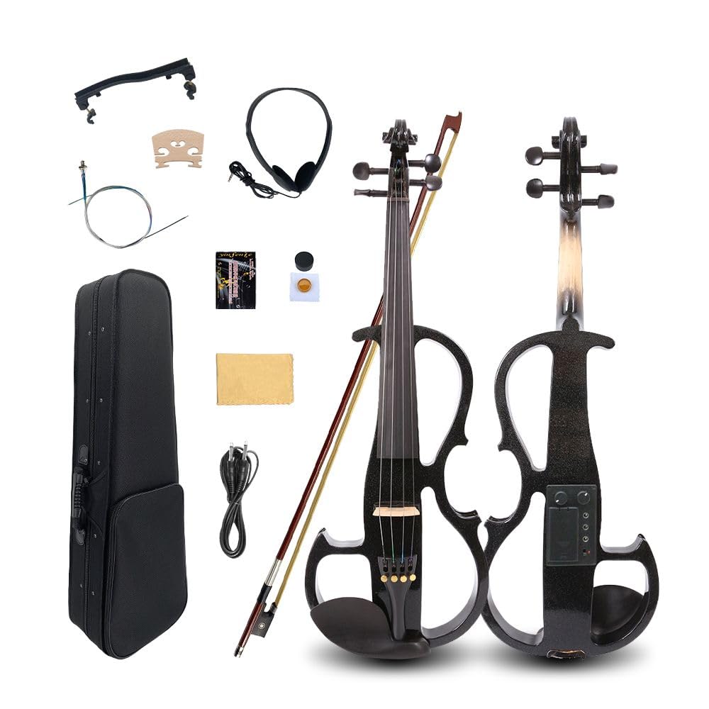 Yinfente 16 Zoll Elektrische Viola aus Massivholz mit Ebenholz Viola Griffbrett, Kinn, Viola Pins, Viola-Schleife, Schwarz Silent Voila für Profis oder Anfänger für