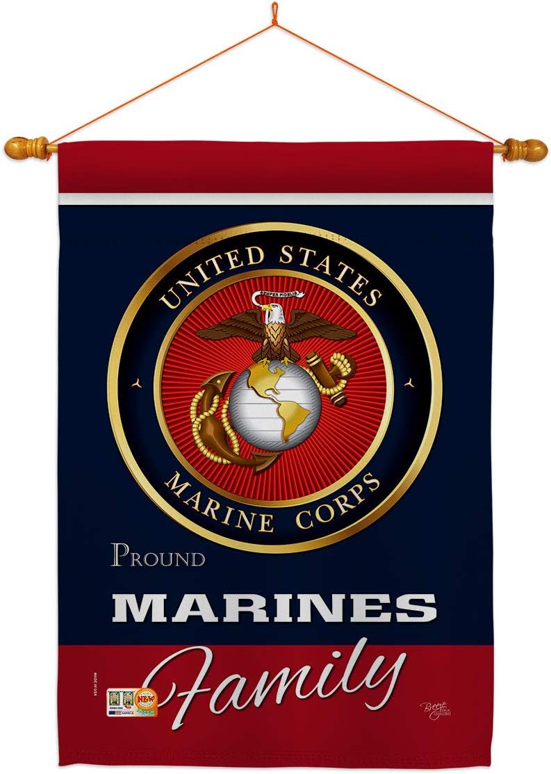Marines Proudly Family House Flag Dowel Set Armed Forces Marine Corps USMC Semper Fi United State American Military Veteran Retire Official Small Gift Yard Banner Double-Sided Made In USA 28 X 40