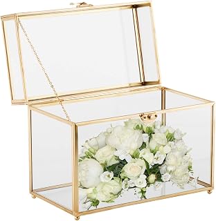 Homtone Handmade Glass Card Box Large Gold Rectangular Shape Geometric Terrarium Clear Glass Plant Terrariums for Wedding Reception, Wish Ball, Keepsake and Home Decor
