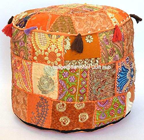 Funda tradicional india bordada de algodón vintage con múltiples parches, cojín y cojín de retazos, funda de puf bordada a mano, funda otomana hecha a mano (naranja, 18 x 13 pulgadas)