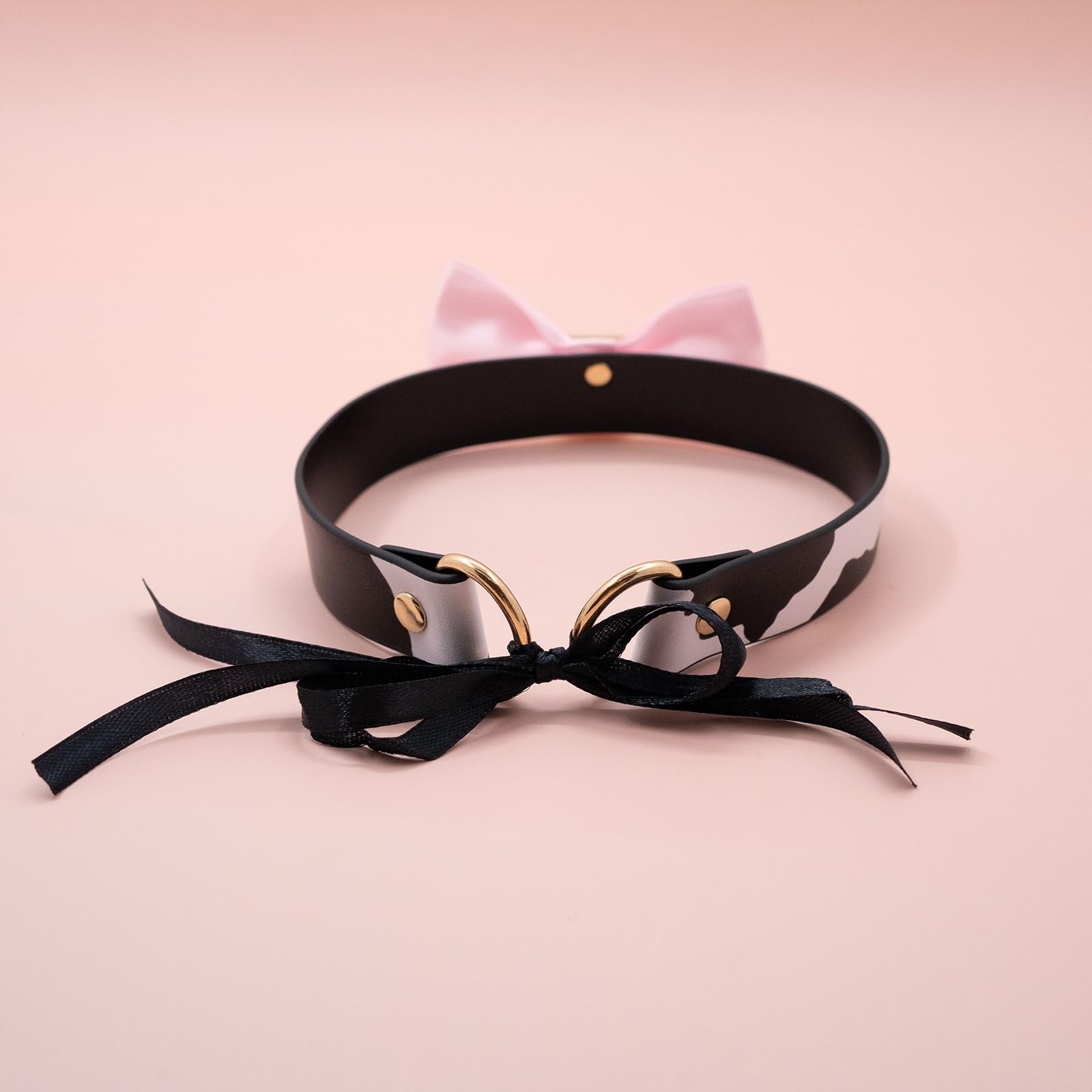paloli Basic Cow Print Bell Collar Choker Necklace for women: Black Pink Bow
