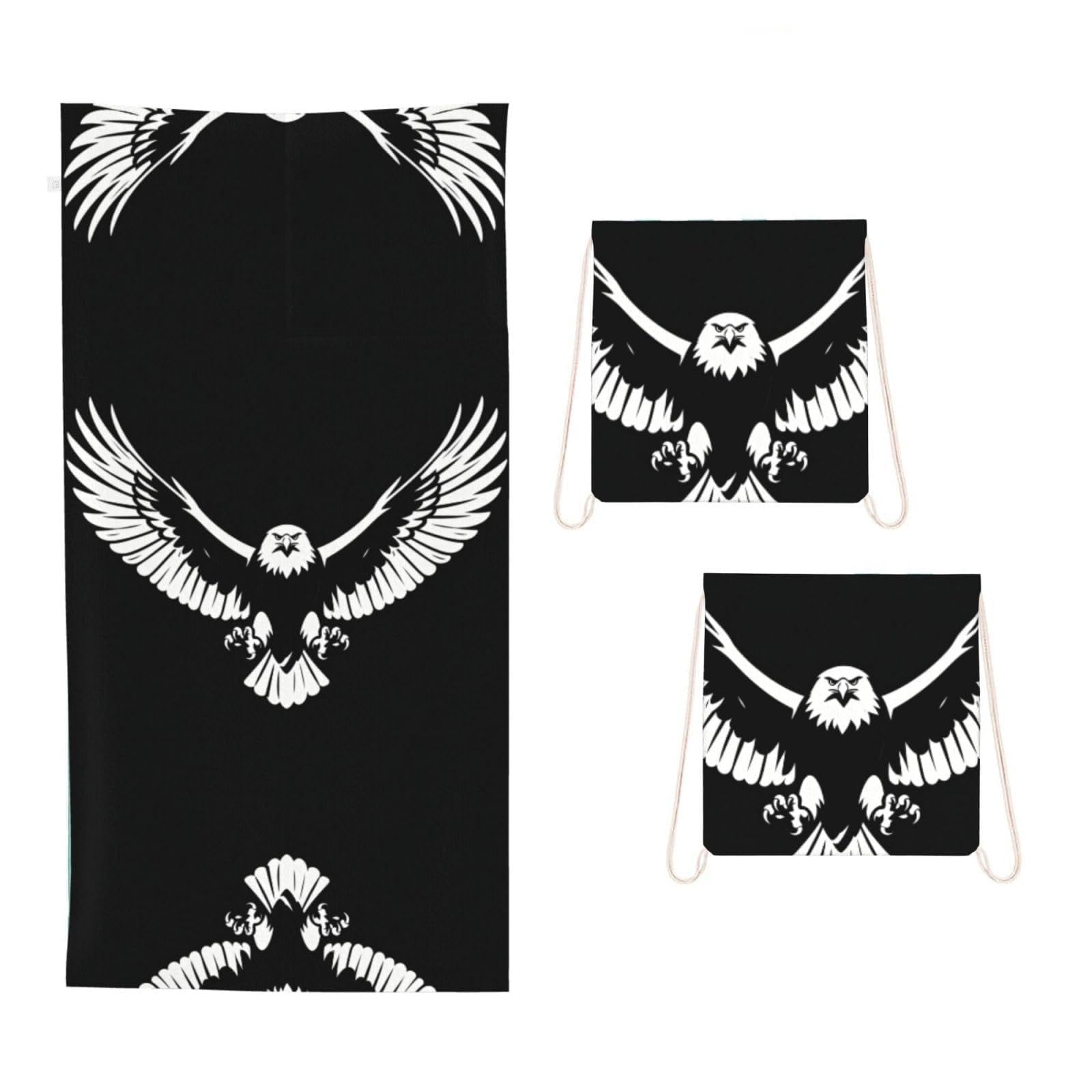 CNTDBU Black and White Eagle 2 in 1 Packable Towel Bag-Large Beach Towel with Stuff Sack, Super Absorbent Microfiber Travel Towel for Pool