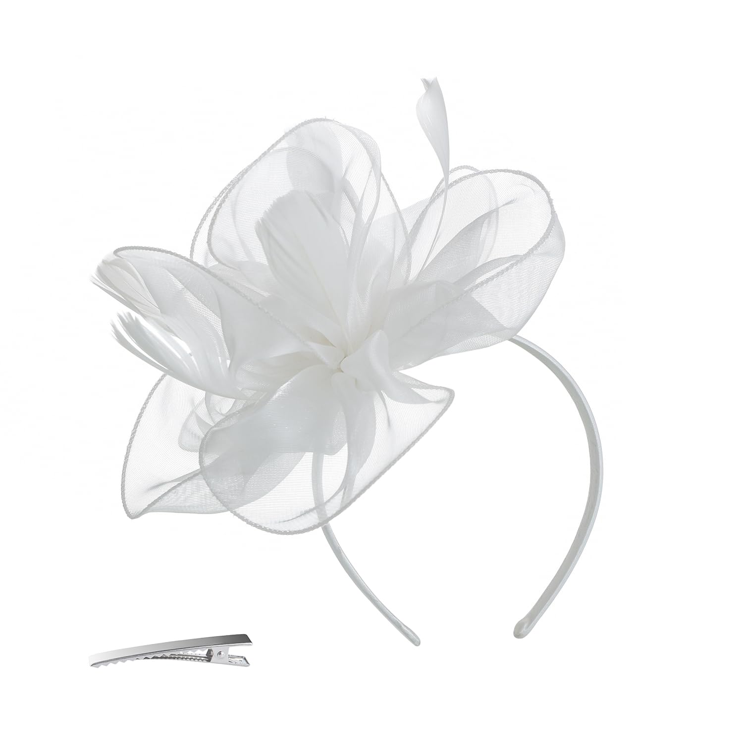 Fascinators Hat Flower Mesh Ribbons Feathers on a Headband and a Clip Tea Party Headwear for Girls and Women (White-A)