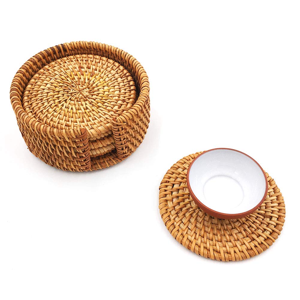 SCF2017 Set Of 6 Round Weave Rattan Coasters With Holder Coasters For Drinks Cup Mat - 10cm