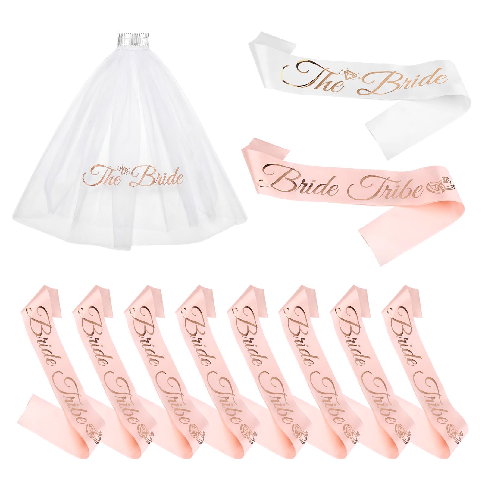 Photo 1 of 11 Pcs Bachelorette Sashes and Veil Set Includes 1 Bride To Be Sash, 1 Bridal Veil with 9 Bride Tribe Sashes, Bachelorette Party Decorations Kit for Bridal Shower Gifts Wedding Party Gifts Bridesmaids