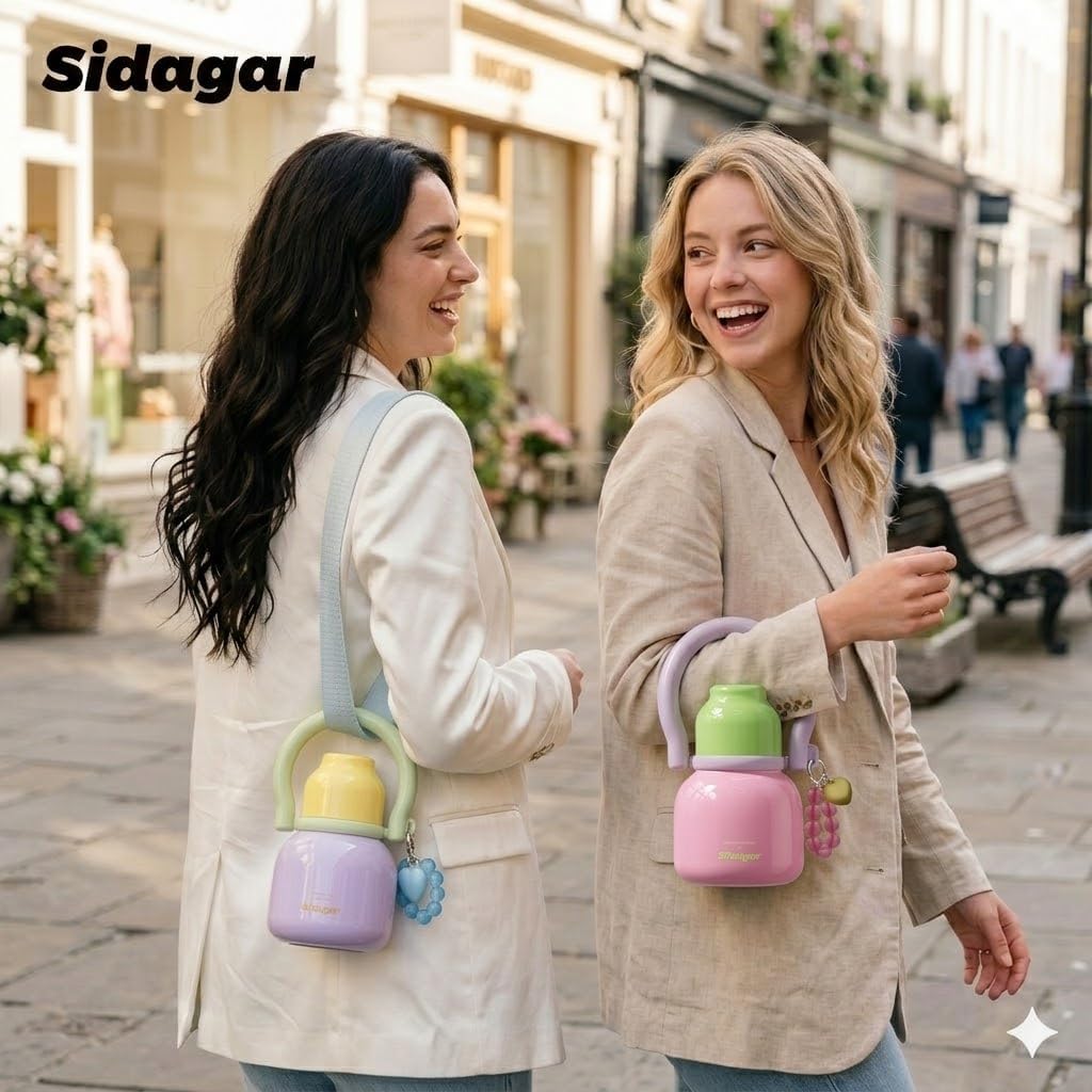 22 oz Water Bottle with Straw and Bowl, Wide Mouth Insulated Stainless Steel Tumbler, Leak-Proof 24H Ice Cold Cute Flask for Women Home & Cozy Vlog; Heart Bracelet Charm Gift, Strawberry Pink