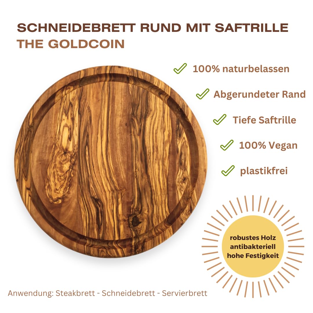 Schneidebrett rund mit Saftrille 30 cm Servierplatte handgemacht aus Olivenholz