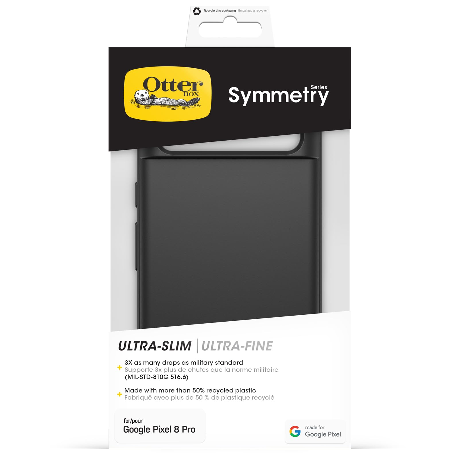 Cover per Google Pixel 8 Pro OtterBox Symmetry, resistente a shock e cadute fino a 2 metri, sottile, testata 3x norme MIL-STD 810G, Nero, Senza Retail Package