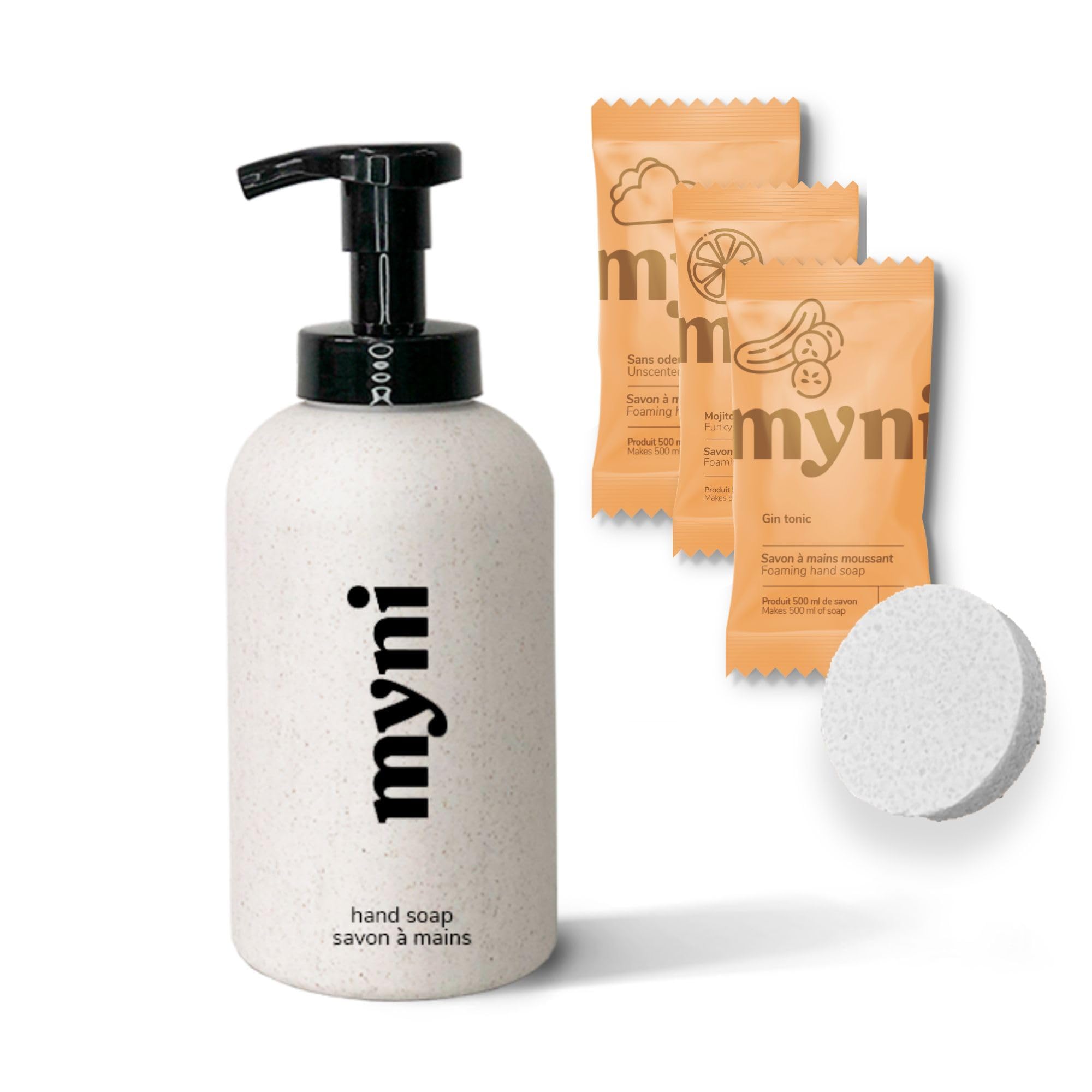Myni Natural Sourced Foaming Hand Soap Kit – Moisturizing & Hydrating Hand Wash | Hand Soap Bottle & 3 Tablet Refills| Cruelty-Free, Vegan, Non GMO - No Plastic Hand Cleansing Dispenser - 500mlx3 Pack