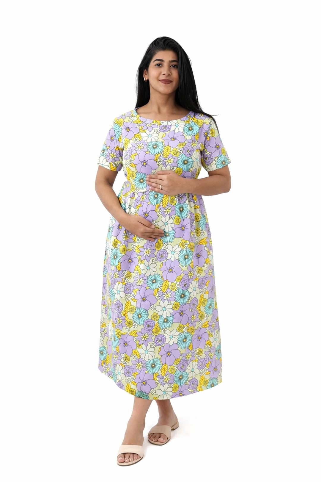 Maternity & Nursing Gown for Women | 100% Cotton Feeding Dress with Hidden Zip Access | Soft Breathable Midi Dress with Pockets | Pregnancy & Postpartum Wear-picture-48