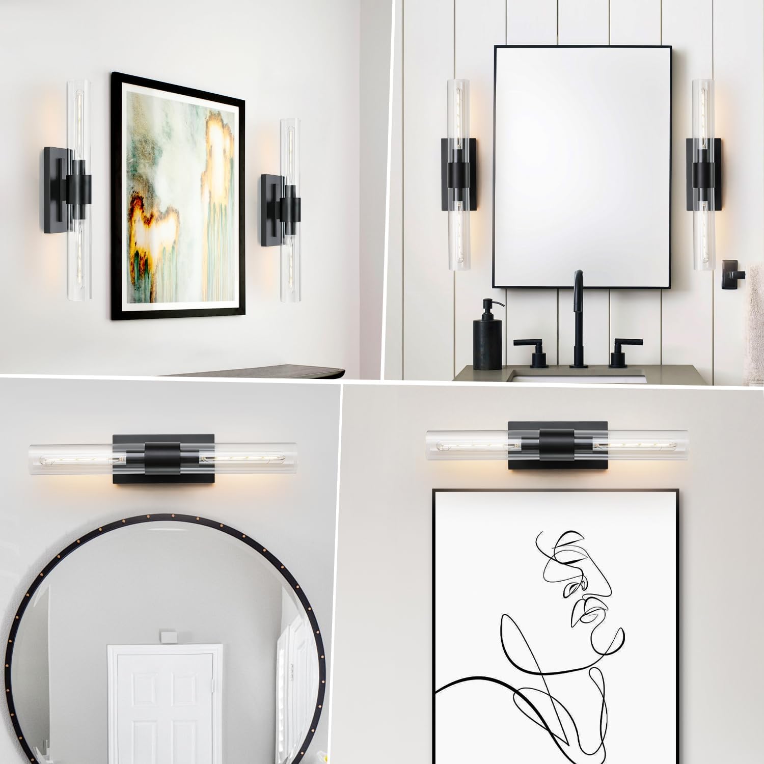 2-Light Matte Black Bathroom Light Fixtures with Glass Shades,Modern Wall Sconce for Bedroom Bath Mirror Lights.