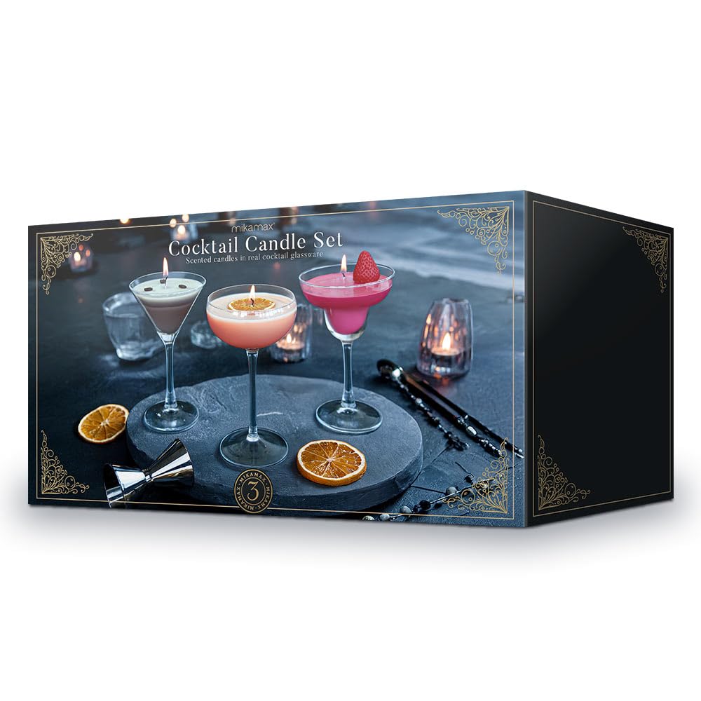 MikaMax Coffret de 3 Bougies Parfumées aux Cocktails - Passion Martini, Daiquiri à la Fraise & Espresso Martini - 25 h de Combustion - Cadeau Original pour Femme et Amatrice de Cocktails