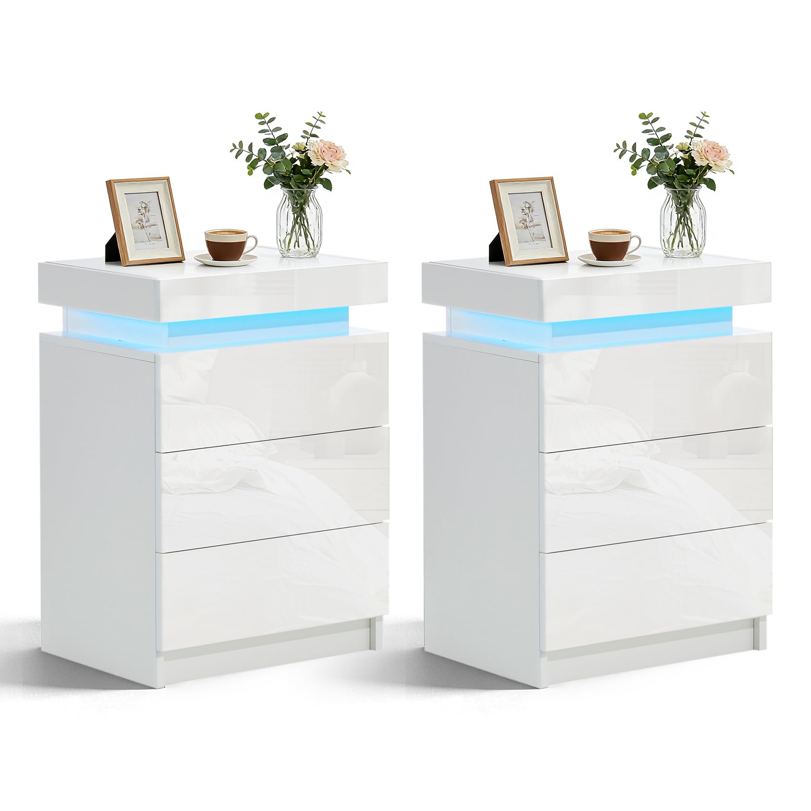 LEMROE Set of 2 Bedside Table with Drawers White, High Gloss Fronts & Adjustable 7 Colors Lights, Bedroom Filp Top LED Cabinet, Modern Nightstand for Home Living Room โ image 1