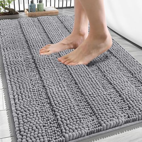 Image of OLANLY Thick Bathroom Rugs 34x21, Extra Soft Absorbent Chenille Striped Bath Rugs, Rubber Backing, Machine Wash Dry, Bath Mats for Bathroom Floor, Tub and Shower, Home Decor Accessories, Grey