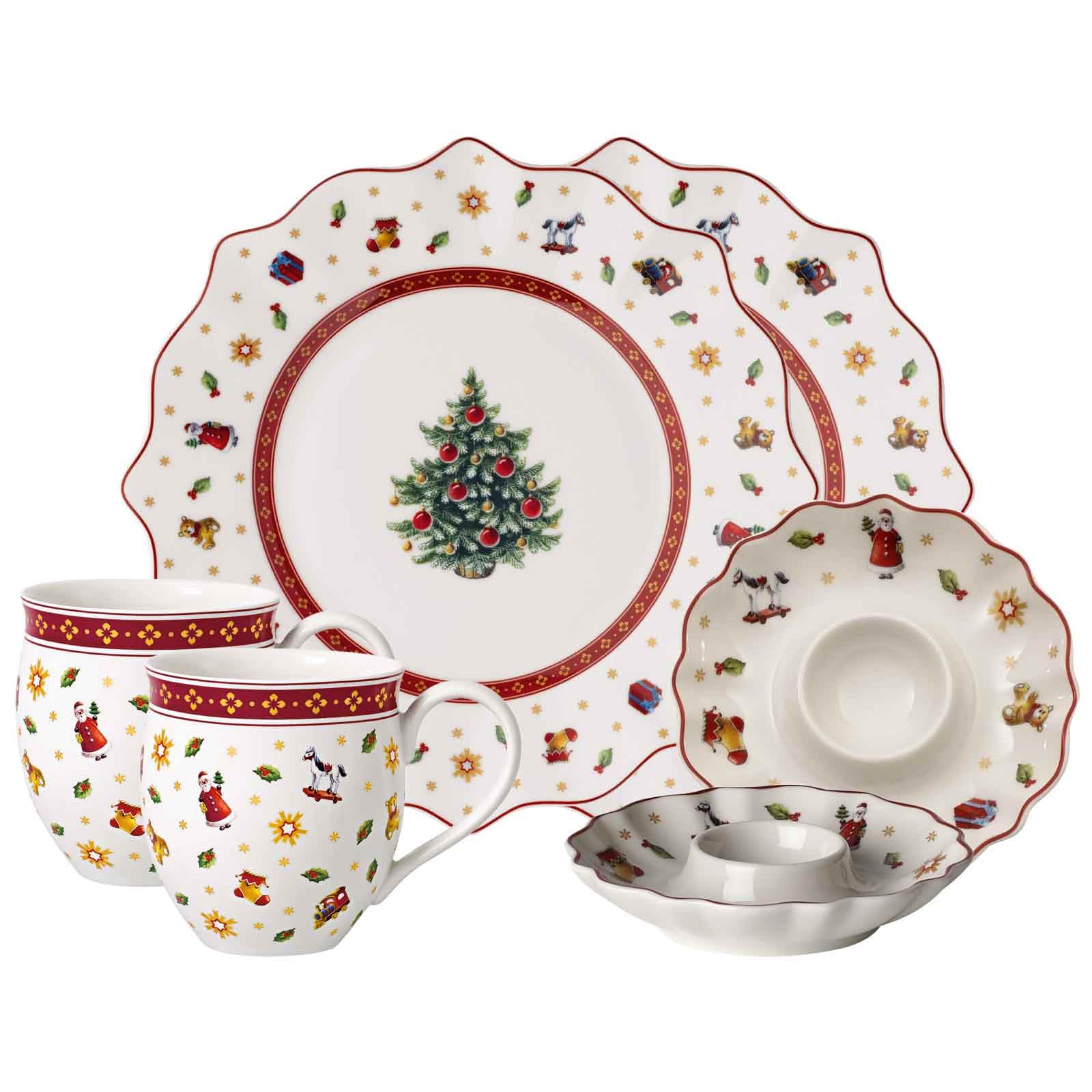 Villeroy & Boch – Toy's Delight Frühstücks-Set 6-teilig, Geschirr-Set für 2 Personen mit Frühstückstellern, Tassen und Eierbechern, Weihnachtsgeschirr, Premium Porzellan, Bunt/Weiß