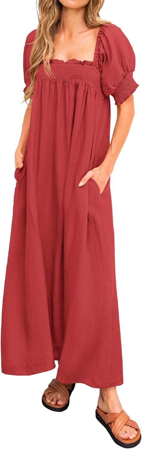 KIRUNDO Women 2026 Summer Maxi Dress Casual Loose Puff Sleeve Square Neck Maternity Flowy Long Beach Dresses with Pockets