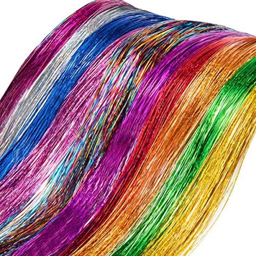 NATUCE 12 Colors 9600 Strands Glitter Hair Tinsel Extensions, Sparkling Shiny Hair Tinsel Extensions, Party Highlights Glitter Hairpieces for Women Girls Party Cosplay, Hair Accessories for Girls