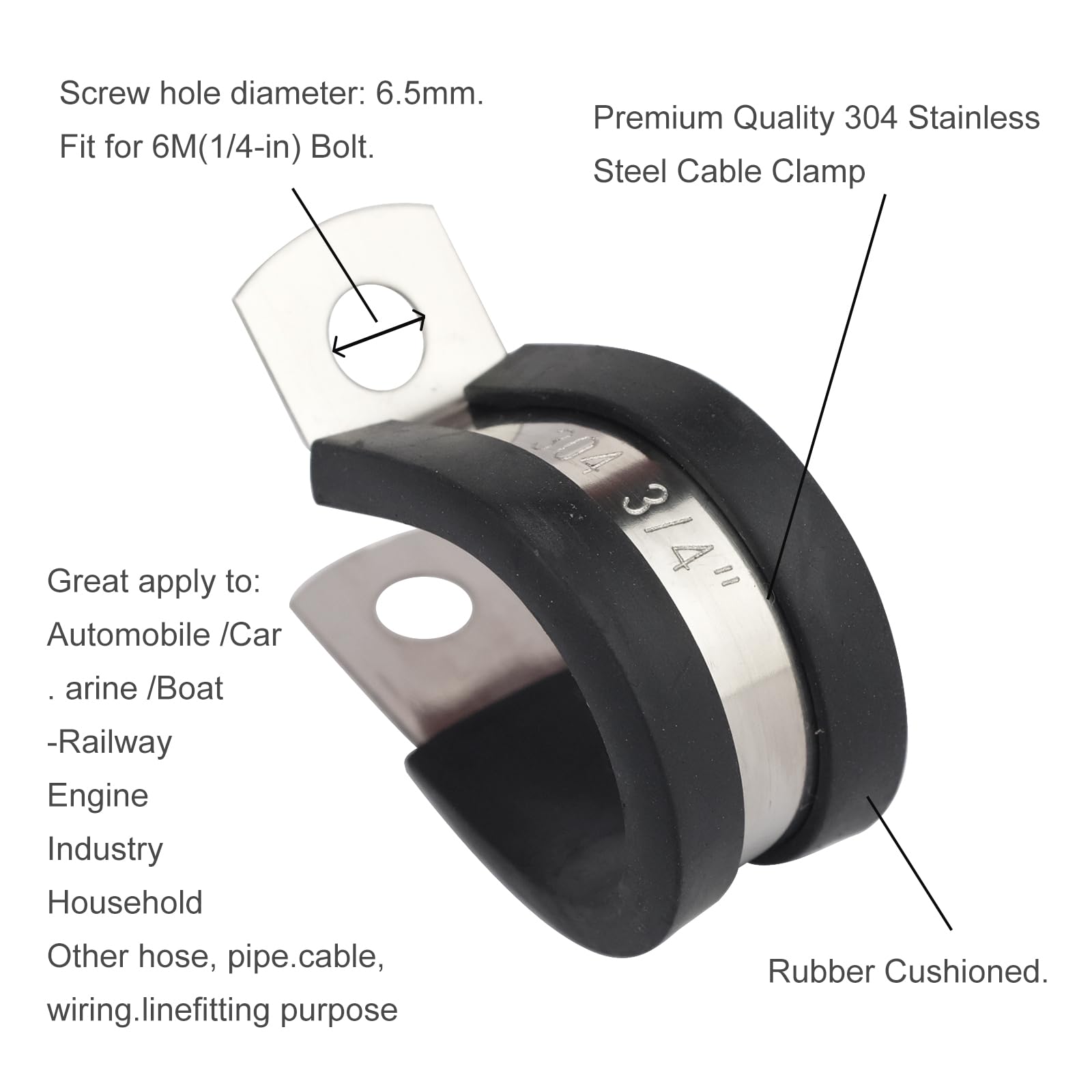 20-Pack 1/4 Inch Cable Clamps - Rubber Cushioned, 304 Stainless Steel
