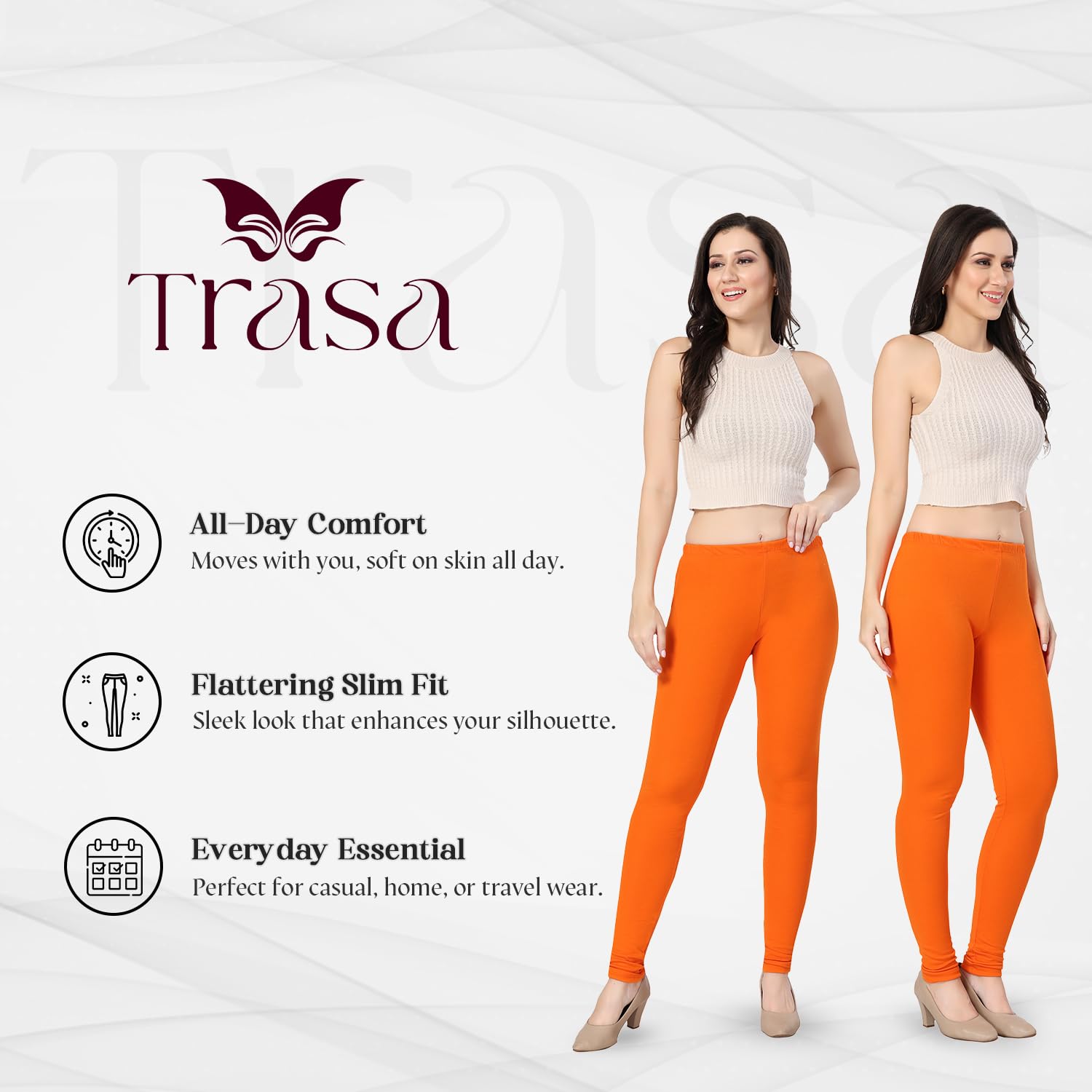 TRASA Women's Slim Fit Ultra Soft Cotton Churidar Leggings - Orange, Size :- X-Large