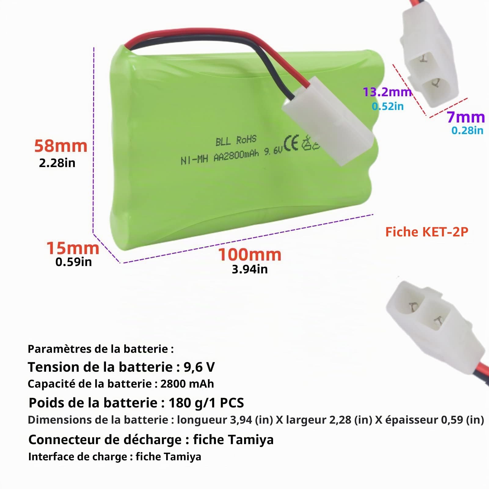 2PCS 9.6V 2800mah AA Batteries Rechargeables avec Prise Tamiya &Ligne de Chargement USB pour Voitures-Jouets Camions Chars Véhicules d'ingénierie Bateaux RC