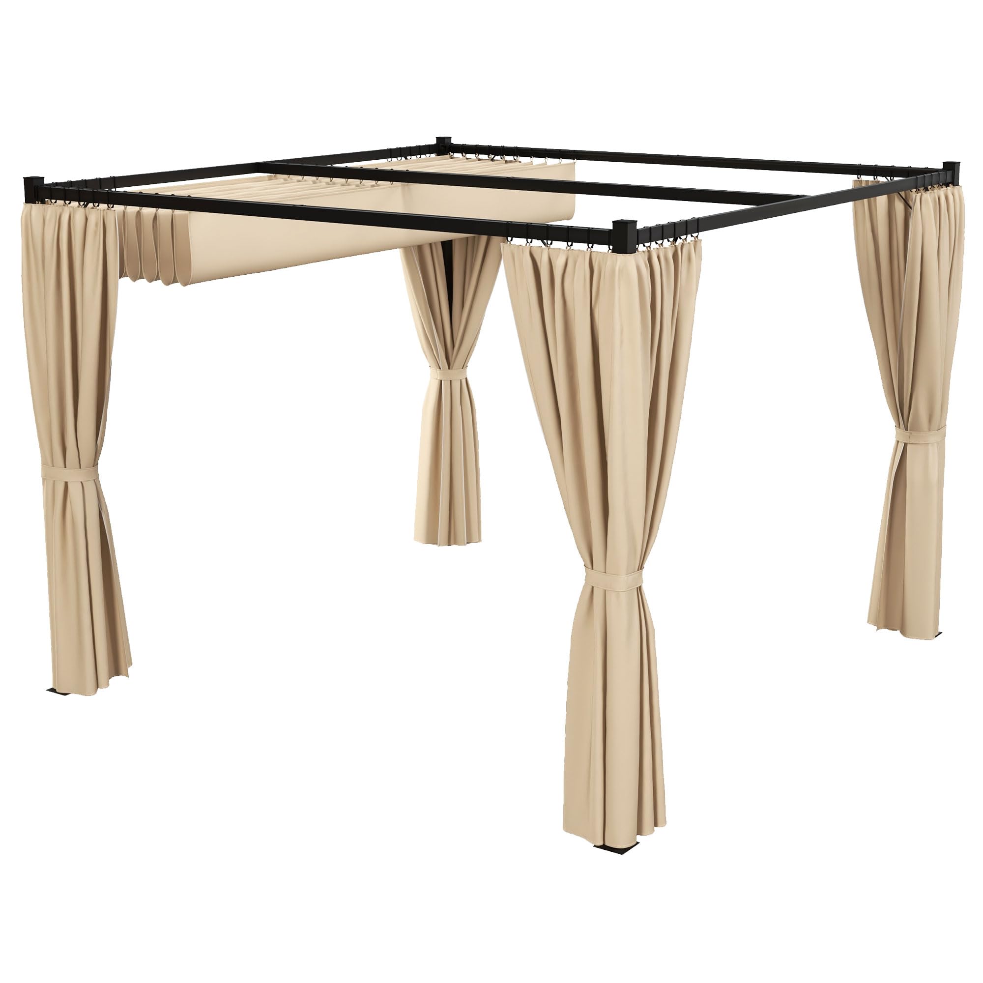 Outsunny Pérgola con Techo Retráctil Pérgola de Jardín 3x3 m Cenador con Muros Laterales Tela de Poliéster Impermeable Pabellón para Jardín Terraza Patio Exterior Beige
