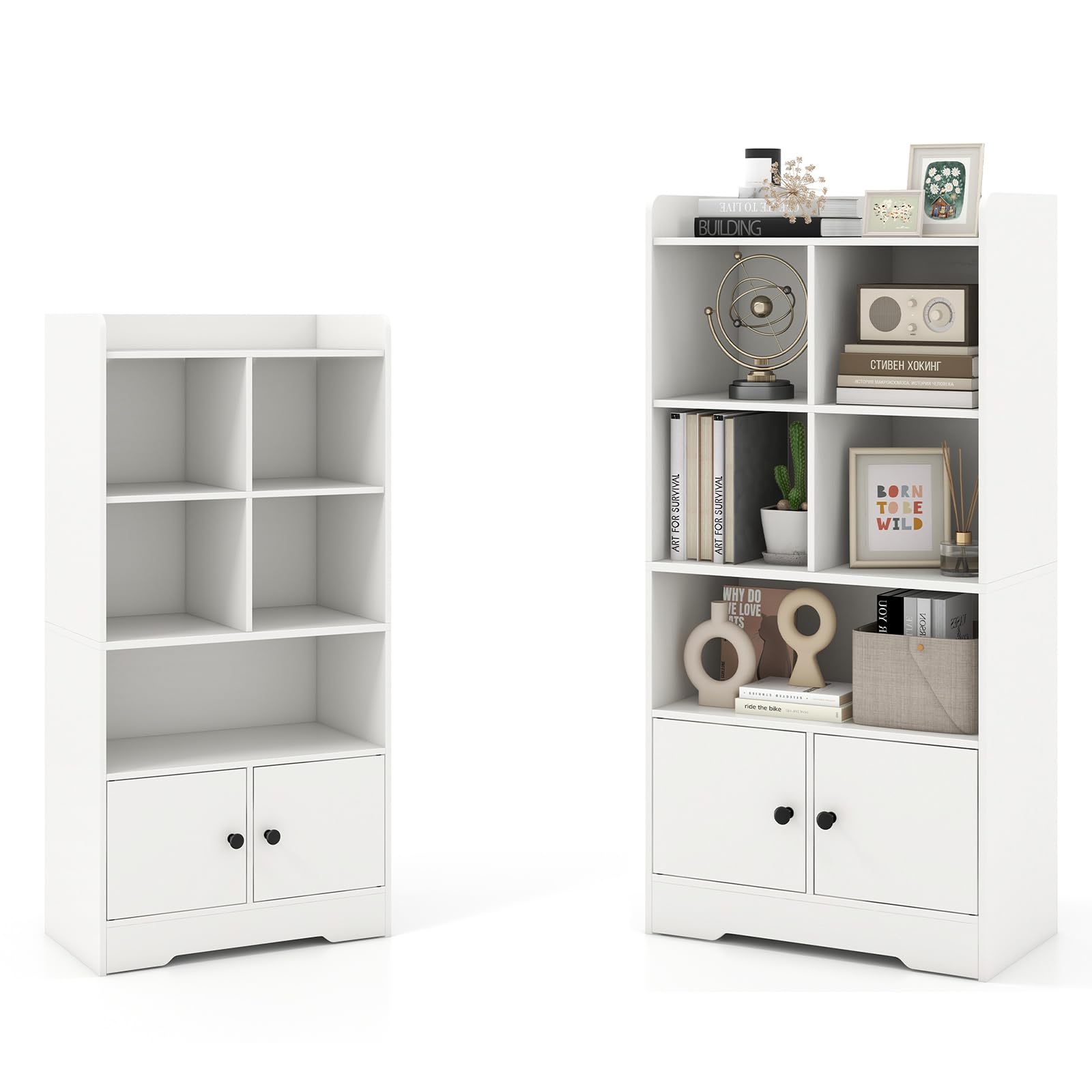 KOMFOTTEU Estantería con 5 Compartimentos y 2 Armarios, Librería de Madera con Dispositivo Antivuelco, Mueble de Almacenamiento para Salón, Dormitorio, Oficina, 60 x 29,5 x 120 cm, Blanco