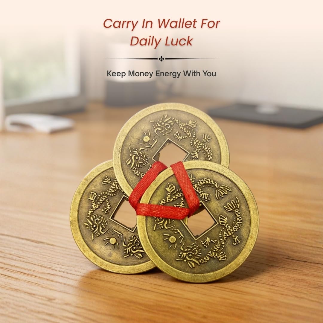 Plus Value Feng Shui Vastu Remedies Dragon Phoenix 3 Chinese Coins Set Brass Wealth, Prosperity, Money, Good Luck (Big Size) 4