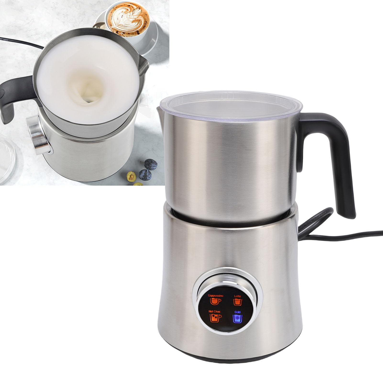 Pssopp 4 en 1 Batidor de Leche, 900ml Desmontable Acero Inoxidable Leche Calentador Jarra para café Latte Cappuccino Chocolate Caliente (EU enchufe 220-240V)