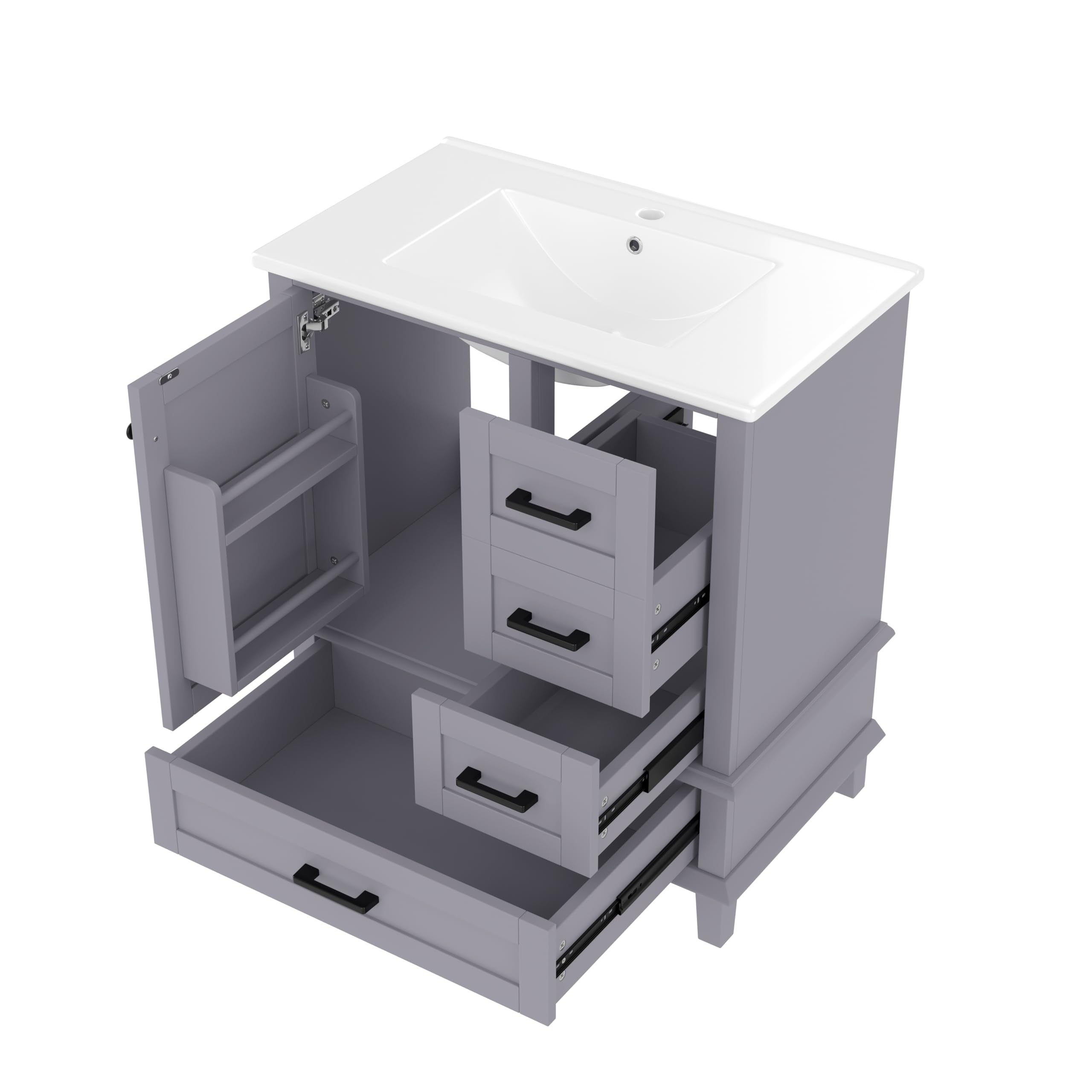 76 x 46 x 83,5 cm. Mueble de baño de pie con lavabo, lacado completamente, estantería para puerta, tres cajones silenciosos, lavabo de cerámica integrado, gris
