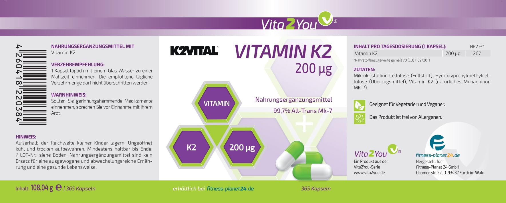 Vita2You Vitamin K2-200µg - 365 Kapseln - Original K2VITAL® - > 99,7% All-Trans - Jahrespackung - Natürliches Menaquinon MK-7 - Premium Qualität - Made in Germany