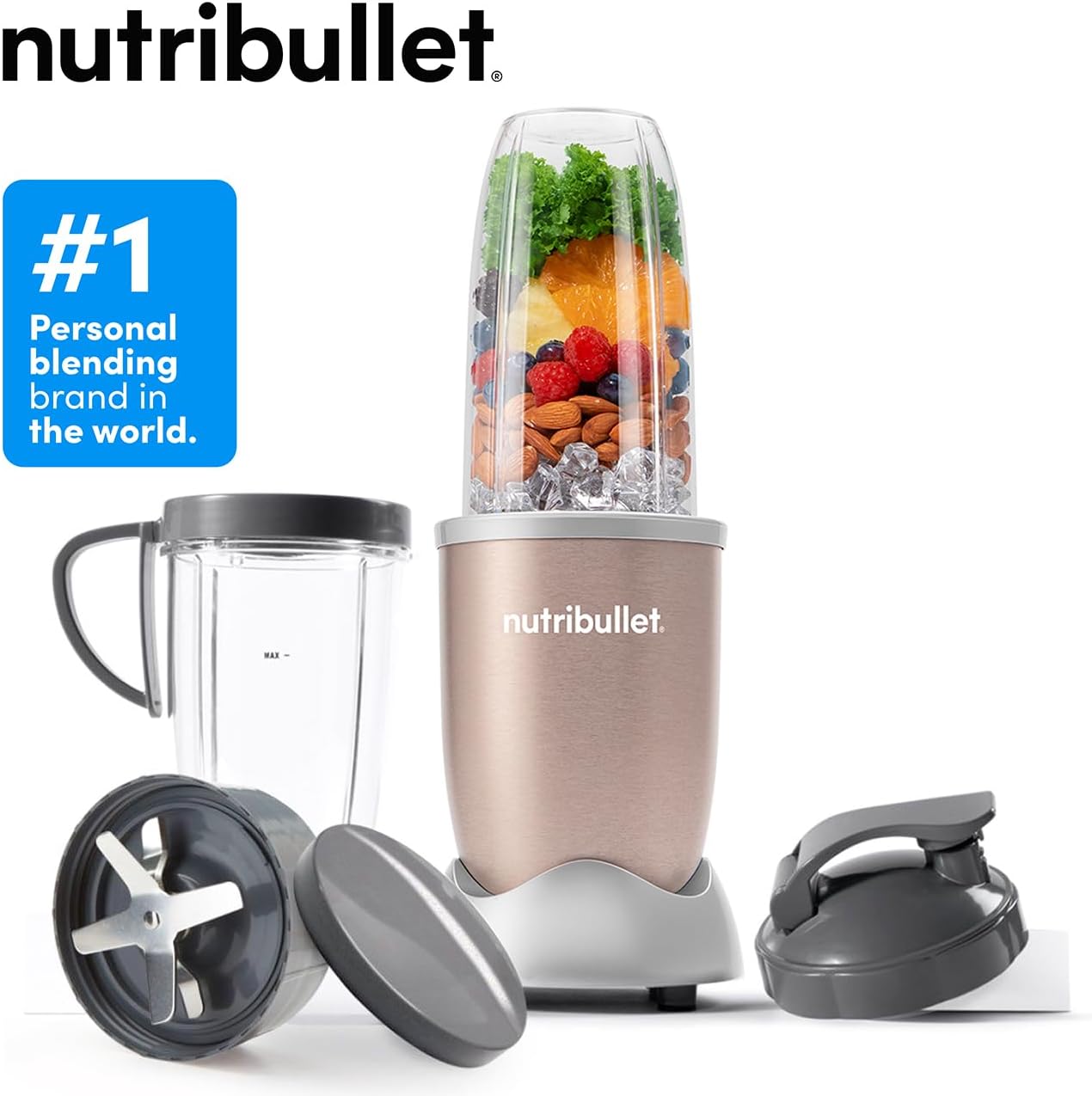 nutribullet Blender 900 Series – Powerful 24,000 RPM Extractor Blends Frozen Fruit, Nuts & Ice – 8 Piece Kit Includes Oversized Cup, Tall Cup, Handled Ring & 2 Lids – For Smoothies & Juices