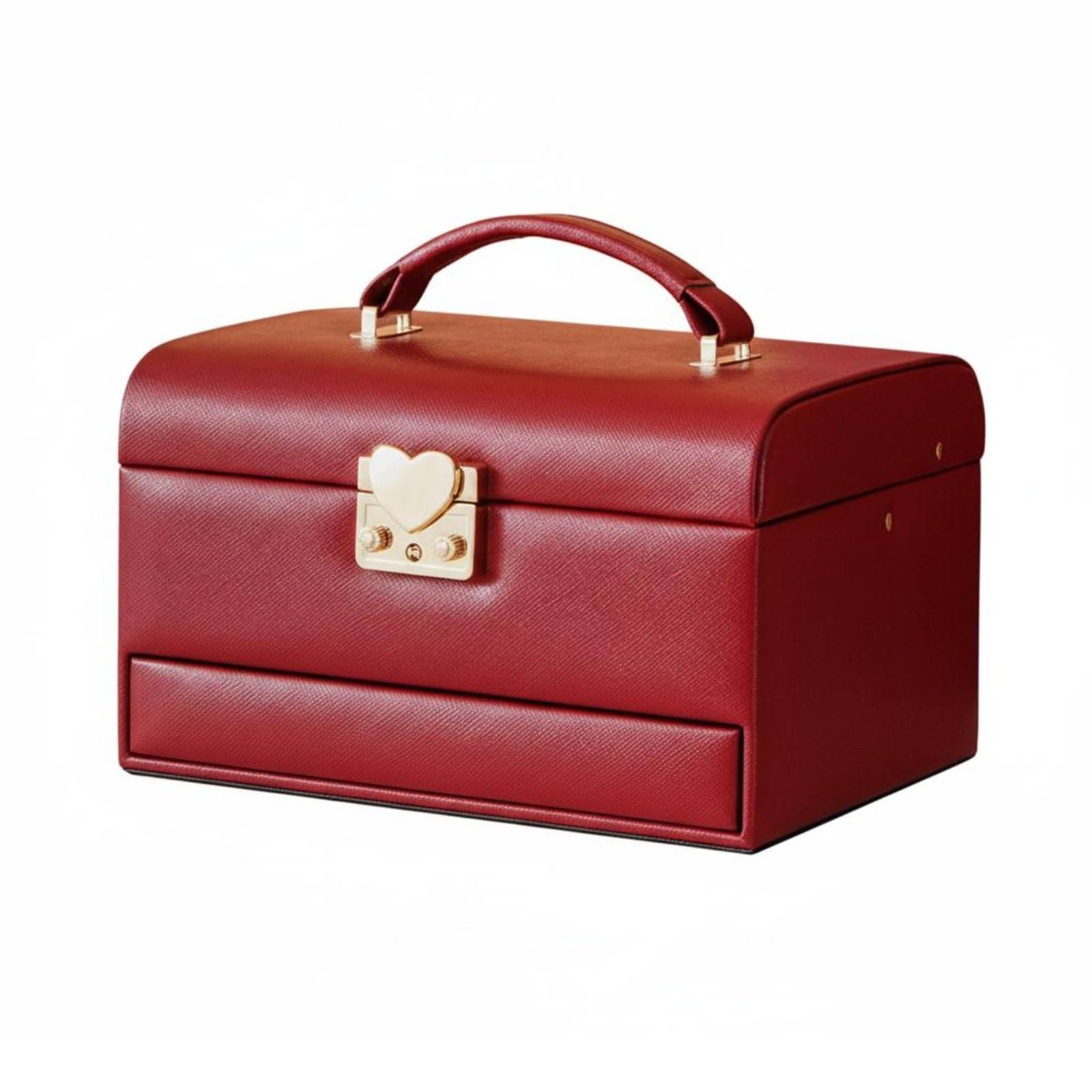 Schmuckkoffer Schmuckkästchen Schmuckbox Schmuckschatulle mit Herzschloss aus PU Und Weichem Samtfutter Mehrstöckig mit Fächern Ringen Und Ketten