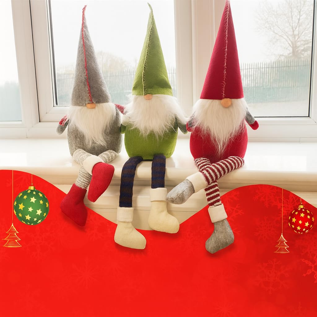 ASAB 3 Pack Christmas Gnomes Decorations Soft Gonks with Thick Long Beards Long Legs Tightly Sewed Swedish Ornaments Plush Figurines Santa Elf Fireplace Xmas Home Decor