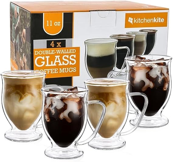 Kitchen Kite Double Wall Glass Coffee Mugs 11oz Set of 4, Insulated Borosilicate Glass Coffee Cups with Handle - Dishwasher & Microwave Safe Clear Mugs for Cappuccino, Latte, Espresso, Tea