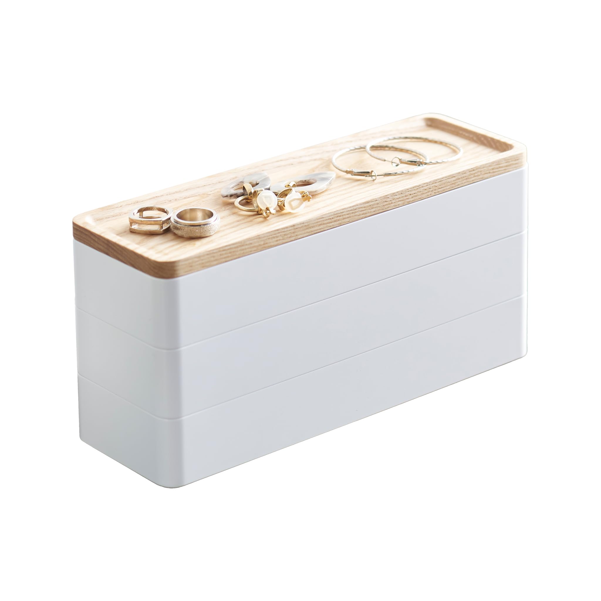 YAMAZAKI 5811 RIN 3Tiered Slim Accessory Case with Lid, white, ABS Resin/Wood, 24 x 8 x 11.5 cm