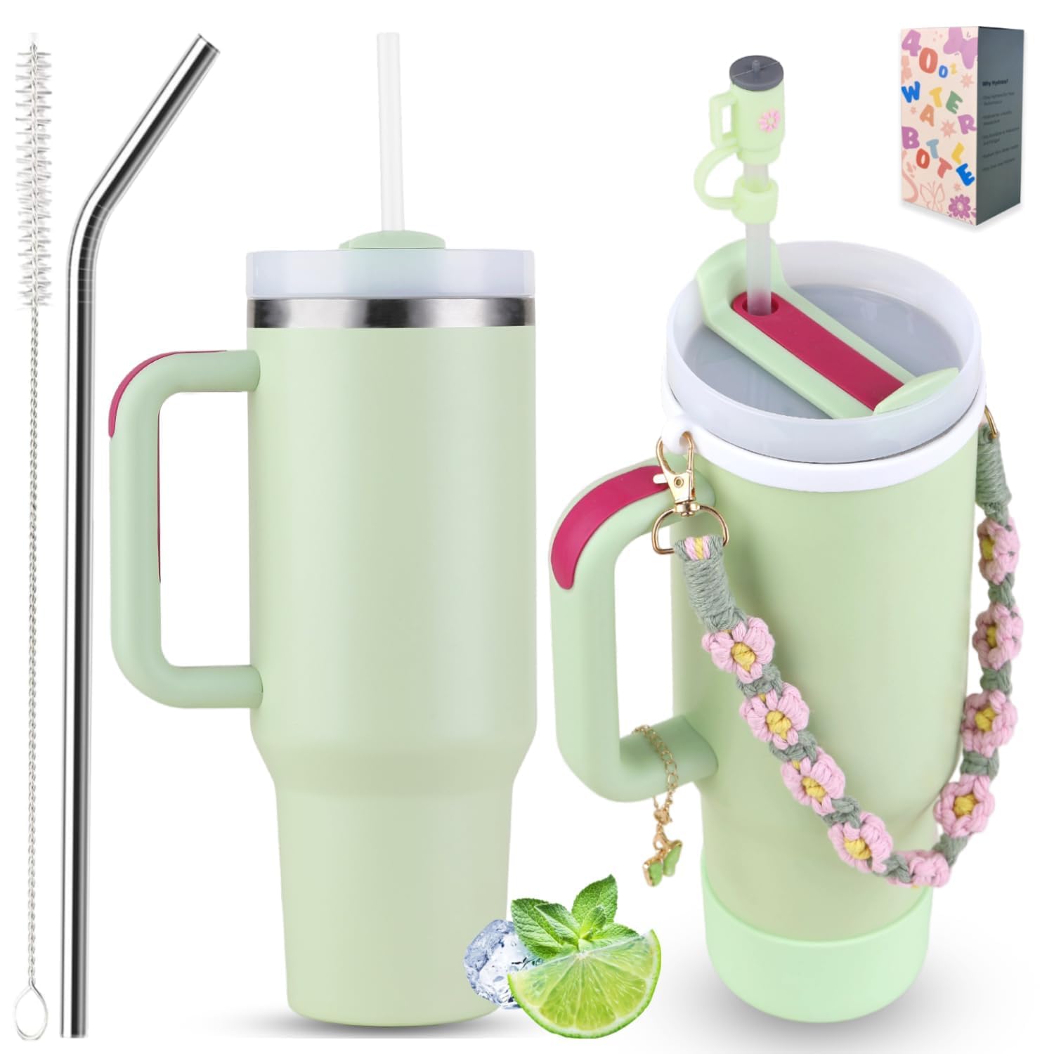 Sanilinwild 40 oz Tumbler Insulated Mug w/Straw & Flip Cap Lids - Cup Holder Bottle with 6 Accessories Set for Hot, Cold Drink - Leak-Proof - Water,