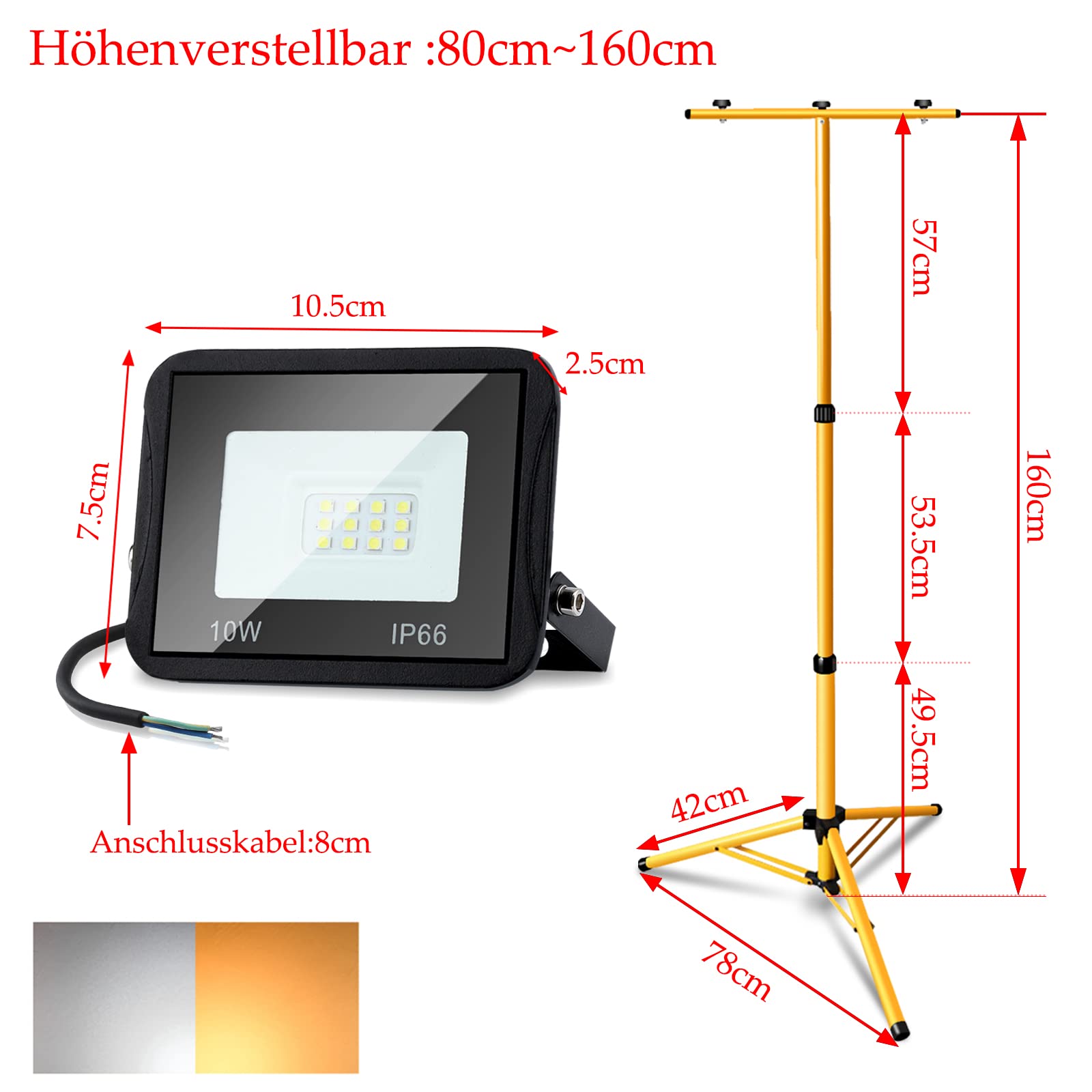 Reflektor budowlany LED ze statywem, 2 x 10 W, reflektor LED 6000 K, zimna biel ze statywem, reflektor roboczy, wodoszczelny IP66, do garażu, ogrodu, na plac budowy, regulacja wysokości (80 cm do 160 cm)