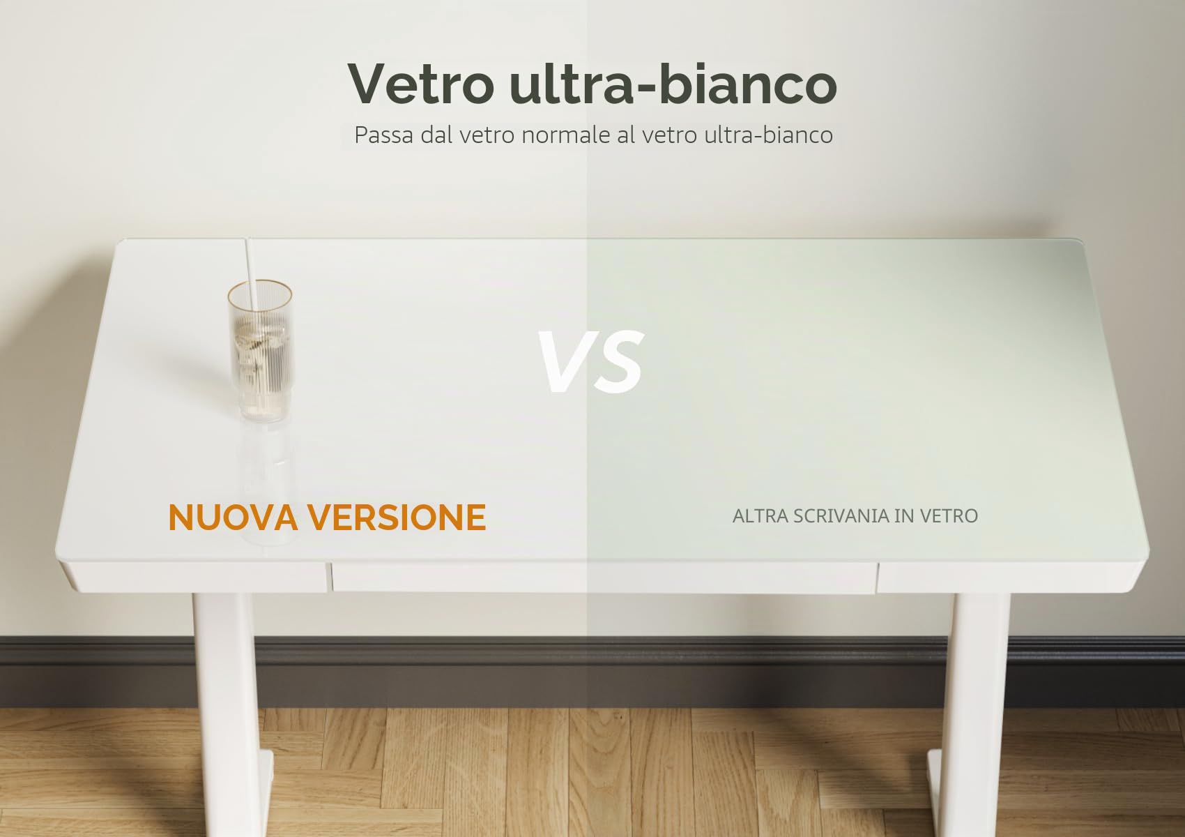 Claiks Scrivania in vetro regolabile in altezza, 120 x 60 cm, piano in vetro di sicurezza temperato, USB/Type-C e 4 pulsanti di memoria, scrivania ergonomica per stare in piedi e seduti, per casa