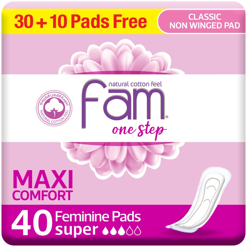 Fam One Step Natural Cotton Feel,Maxi Thick,Non-Wings Super Sanitary Pads,40 Pads 33% Off