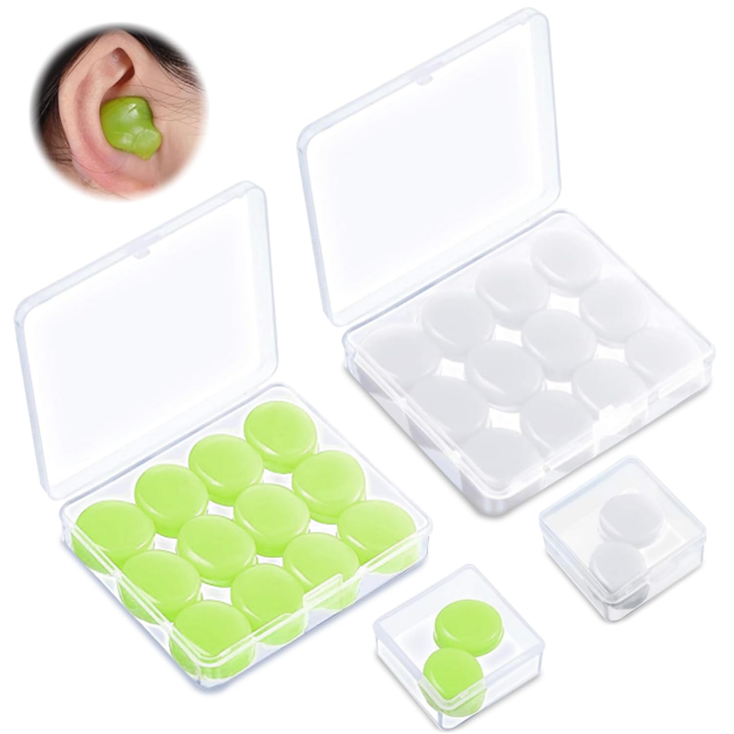 Moldable Soft Silicone Ear Plugs, Reusable Silicone Wax Ear Plug Covers, 32db Noise Cancelling Earbuds for Sleeping,Hearing Protection for Travel, Swimming Durable Plastic Case (14pairs,Green+White)
