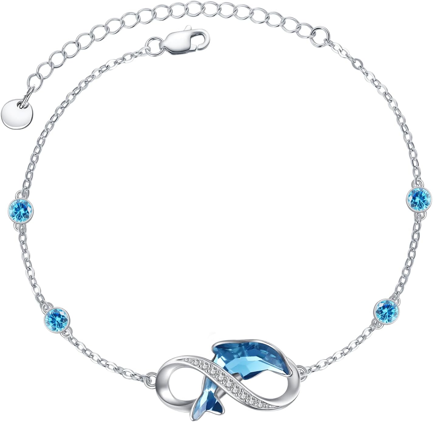 Infinity Dolphin Bracelet Anklet 925 Sterling Silver Dolphin Ankle Bracelet for Women Blue Crystal Adjustable Mother's Day Christmas Valentine's Day Ocean Beach Anniversary Jewelry Gifts for Family