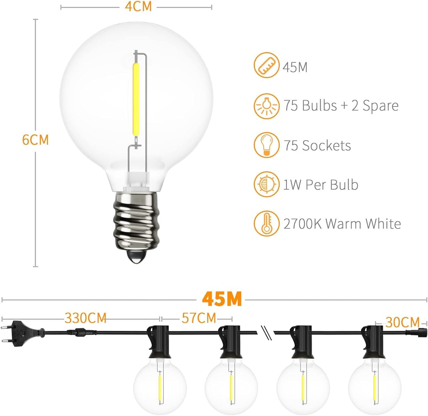 Outdoor Lichterkette Außen 45M, LED Glühbirnen Aussen Mit 75+2 G40 PlastikBirnen, Wasserdicht IP44 Hängende lichterketten Strom für Garten, Terrasse, Party Deko, Café 2700K Warmweiß