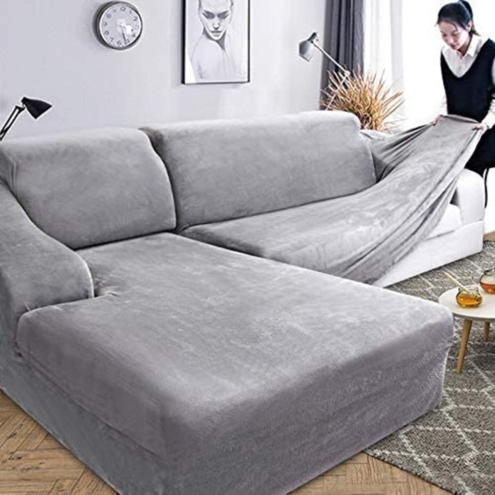 Housse de canapé d'angle en tissu velours bleu marine confort premium 3 places